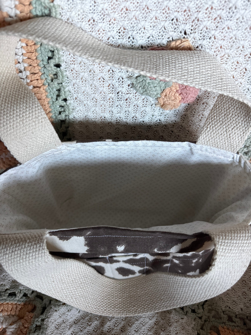 Cow print Craft Tote with Tan Straps