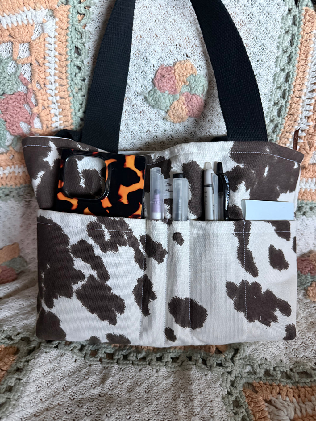 Cow print Craft Tote with Black Straps