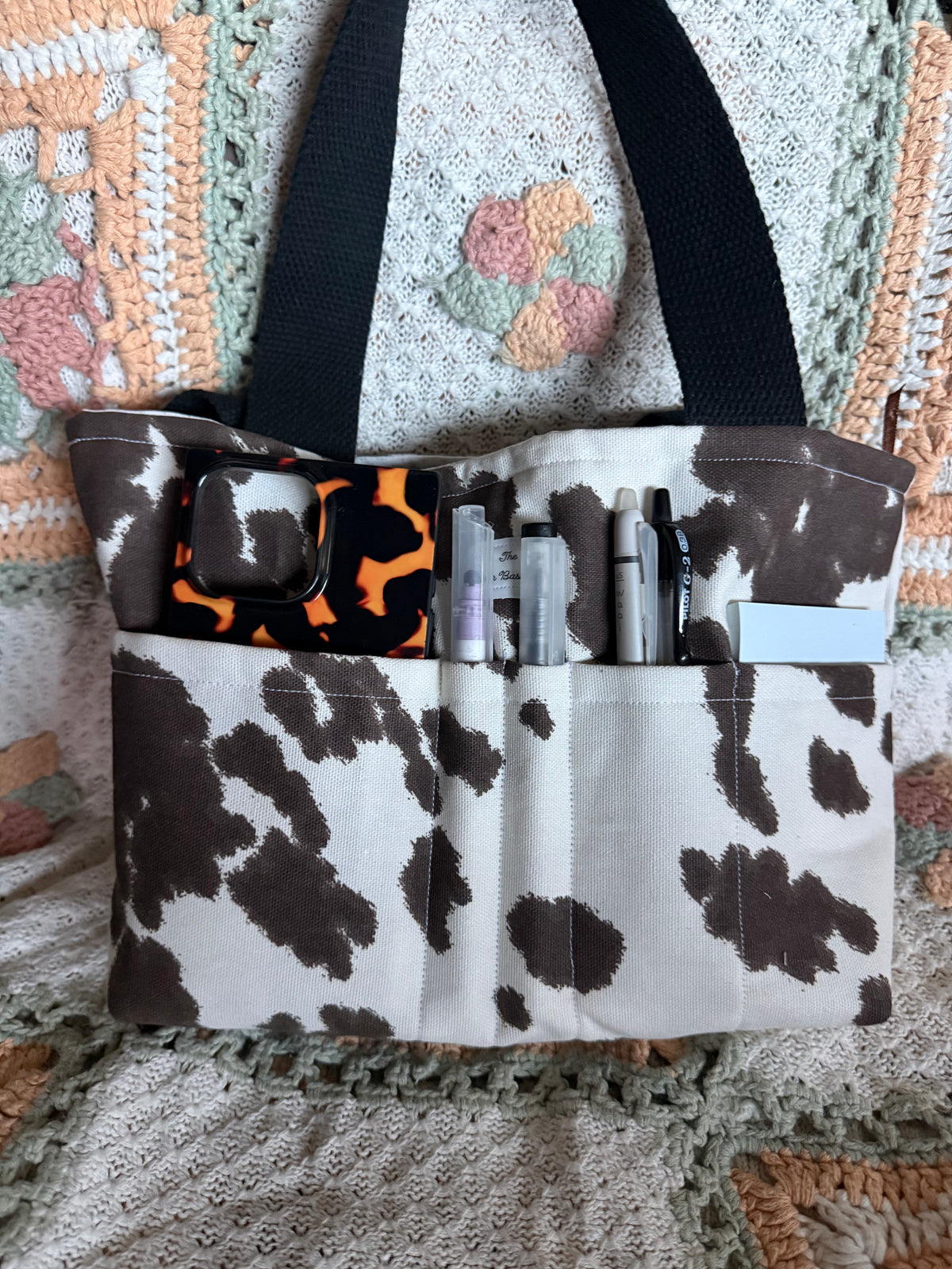 Cow print Craft Tote with Tan Straps