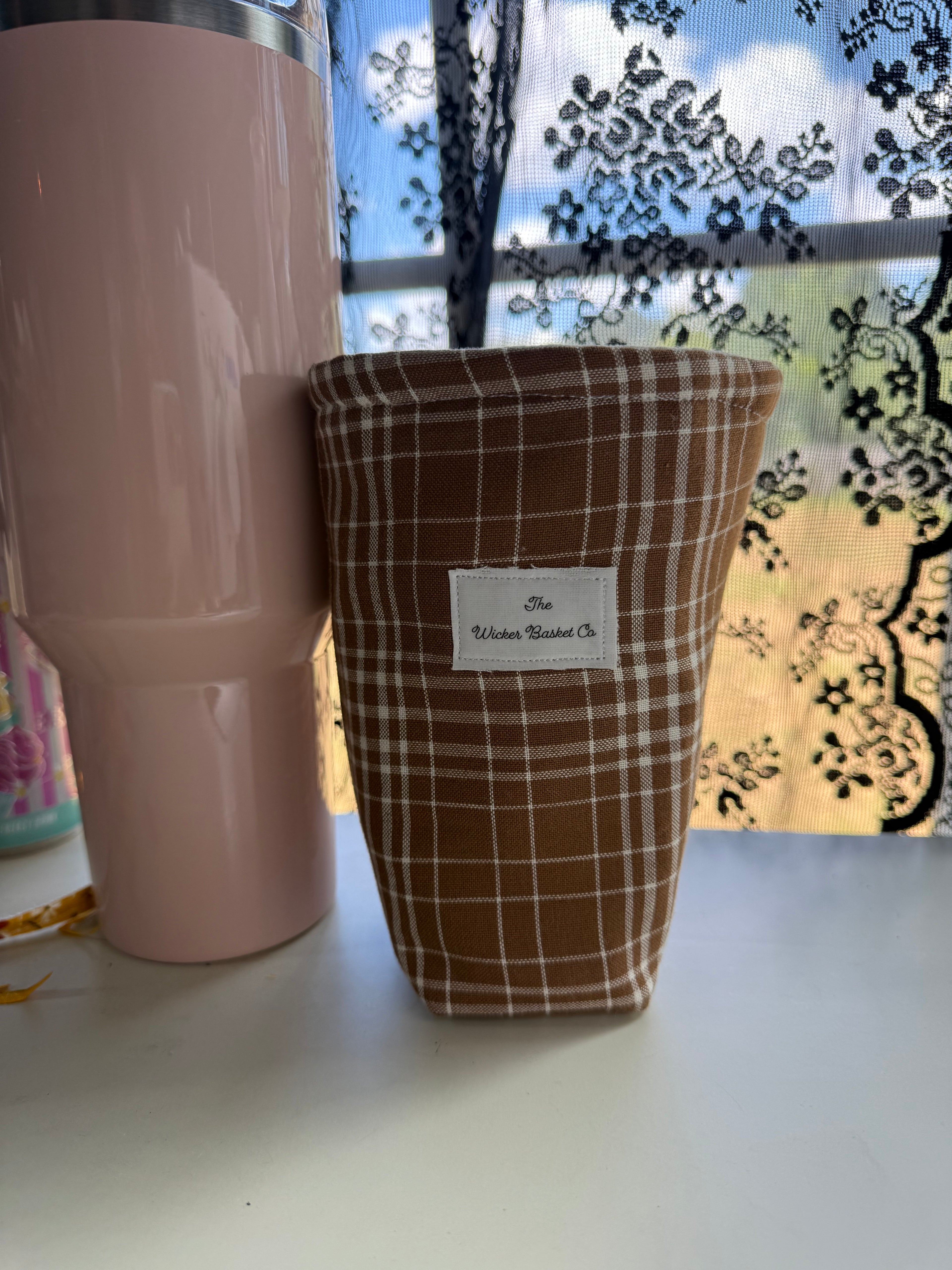 Brown plaid Fabric Cup Coozie